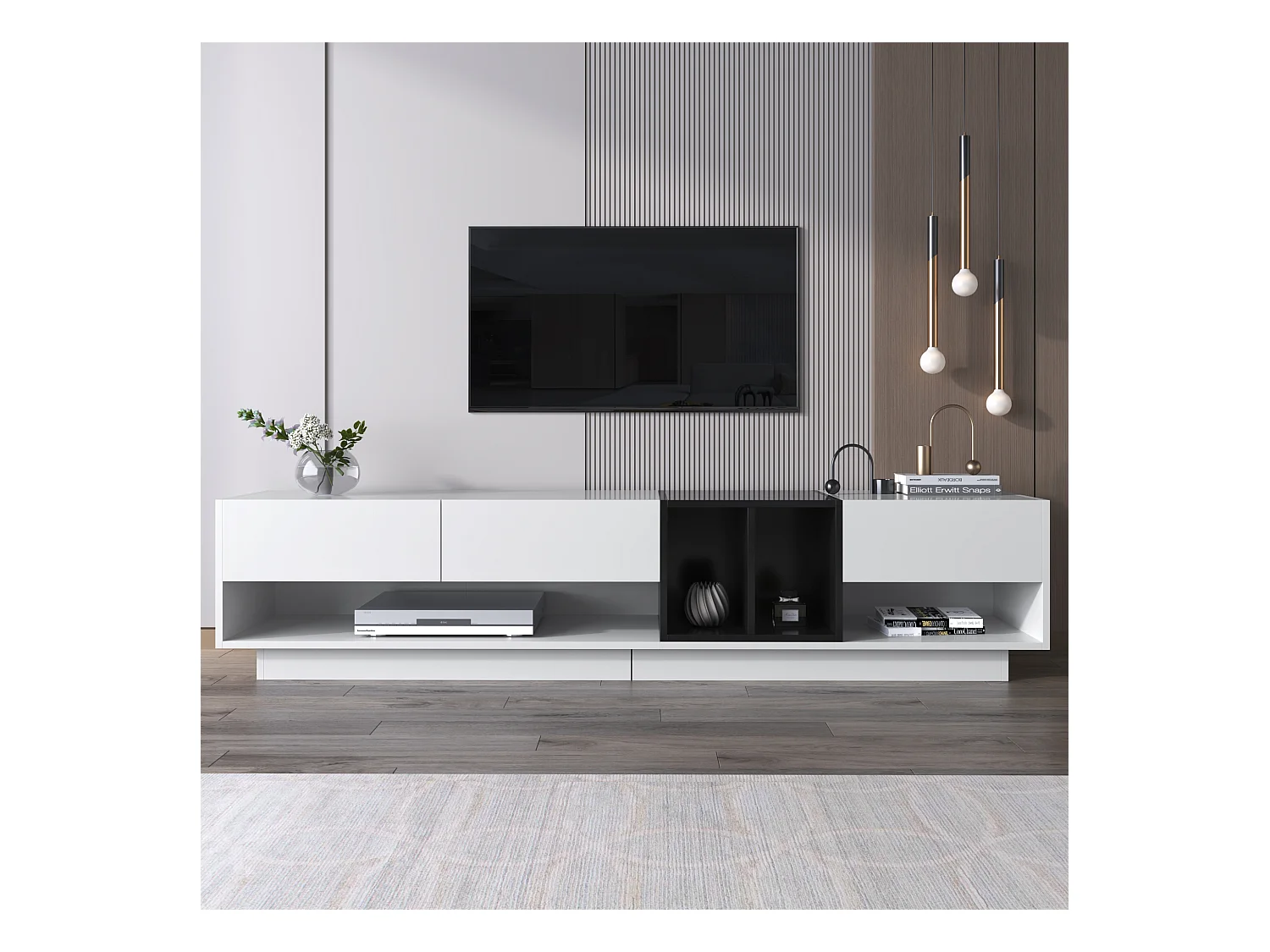 Meuble TV avec rangement, design en noir et blanc, MDF, avec 3 tiroirs et étagères, finition haute brillance (190x40x42cm)