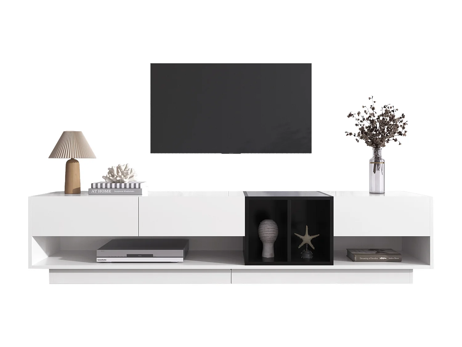 Meuble TV avec rangement, design en noir et blanc, MDF, avec 3 tiroirs et étagères, finition haute brillance (190x40x42cm)
