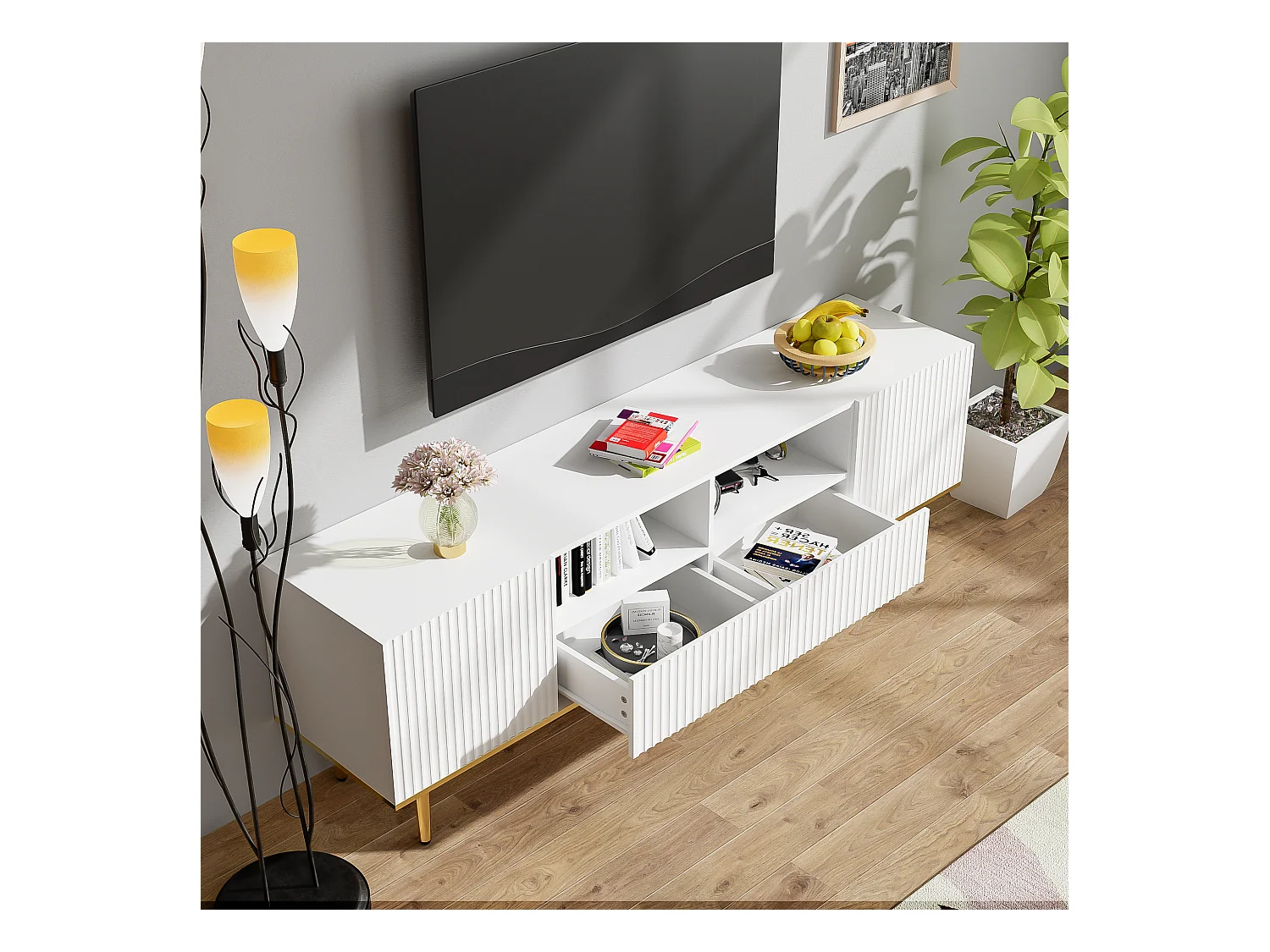 Moderne tv-kast, elegant design, MDF, zwart en goud, met 2 lades en 2 compartimenten (165x36x55cm)