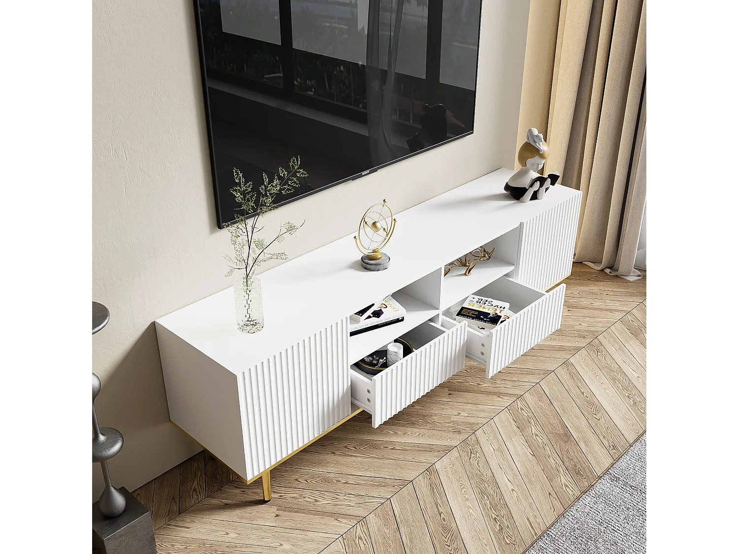 Mueble de TV moderno, diseño elegante, MDF, negro y dorado, con 2 cajones y 2 compartimentos (165x36x55cm)