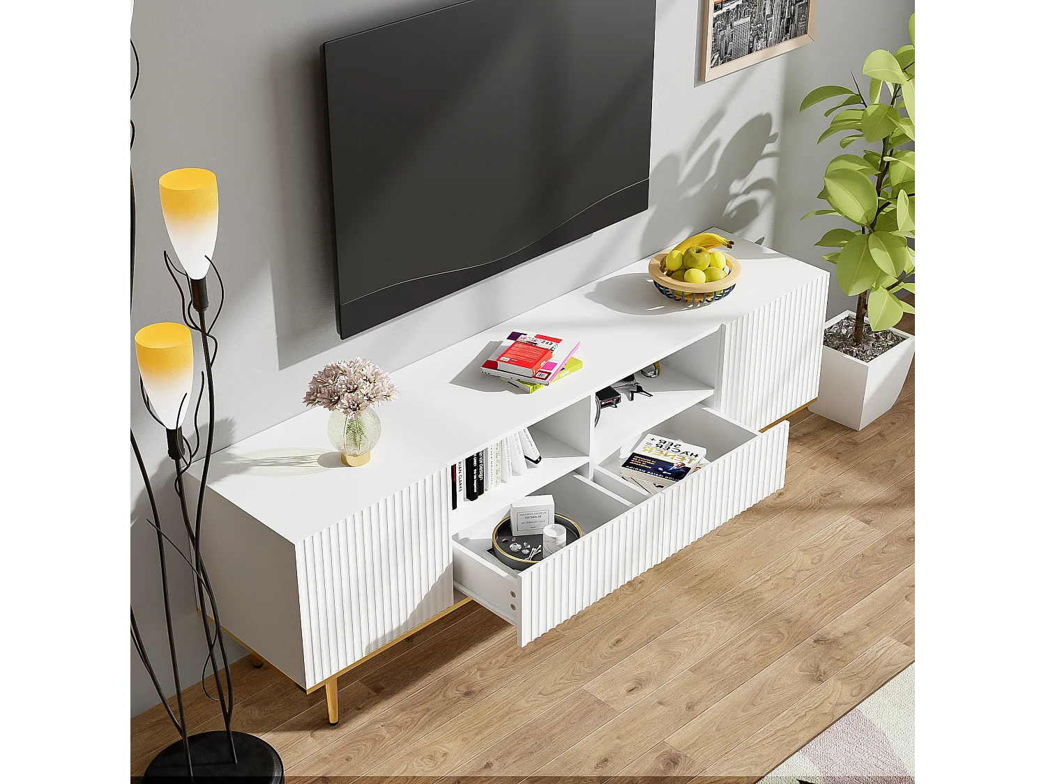 Meuble TV moderne, design élégant, MDF, noir et or, avec 2 tiroirs et 2 compartiments (165x36x55cm)