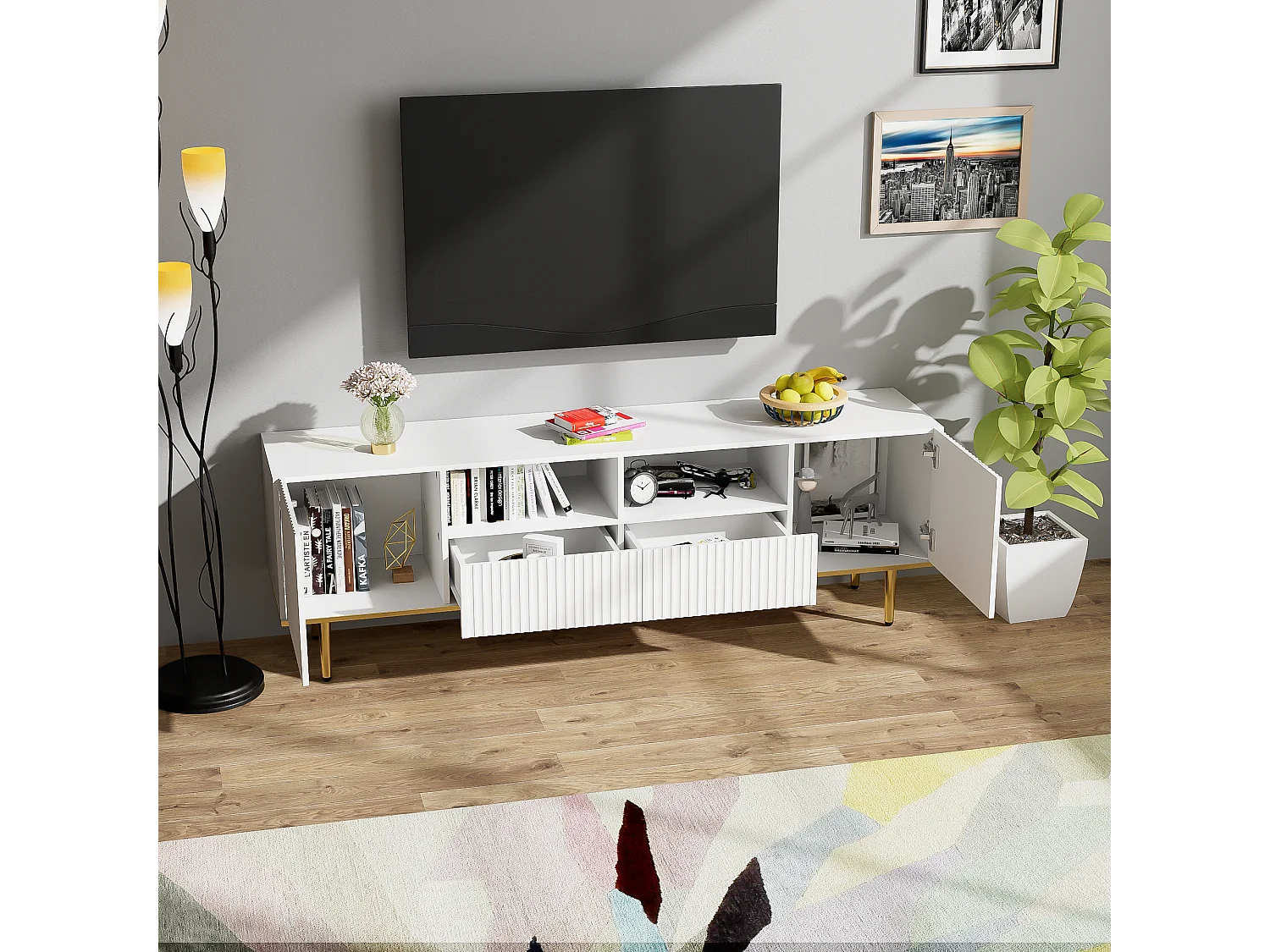 Meuble TV moderne, design élégant, MDF, noir et or, avec 2 tiroirs et 2 compartiments (165x36x55cm)