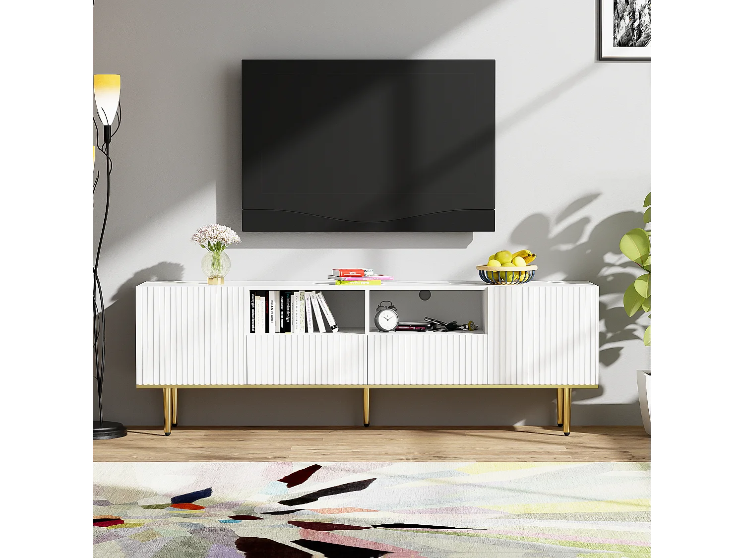 Meuble TV moderne, design élégant, MDF, noir et or, avec 2 tiroirs et 2 compartiments (165x36x55cm)