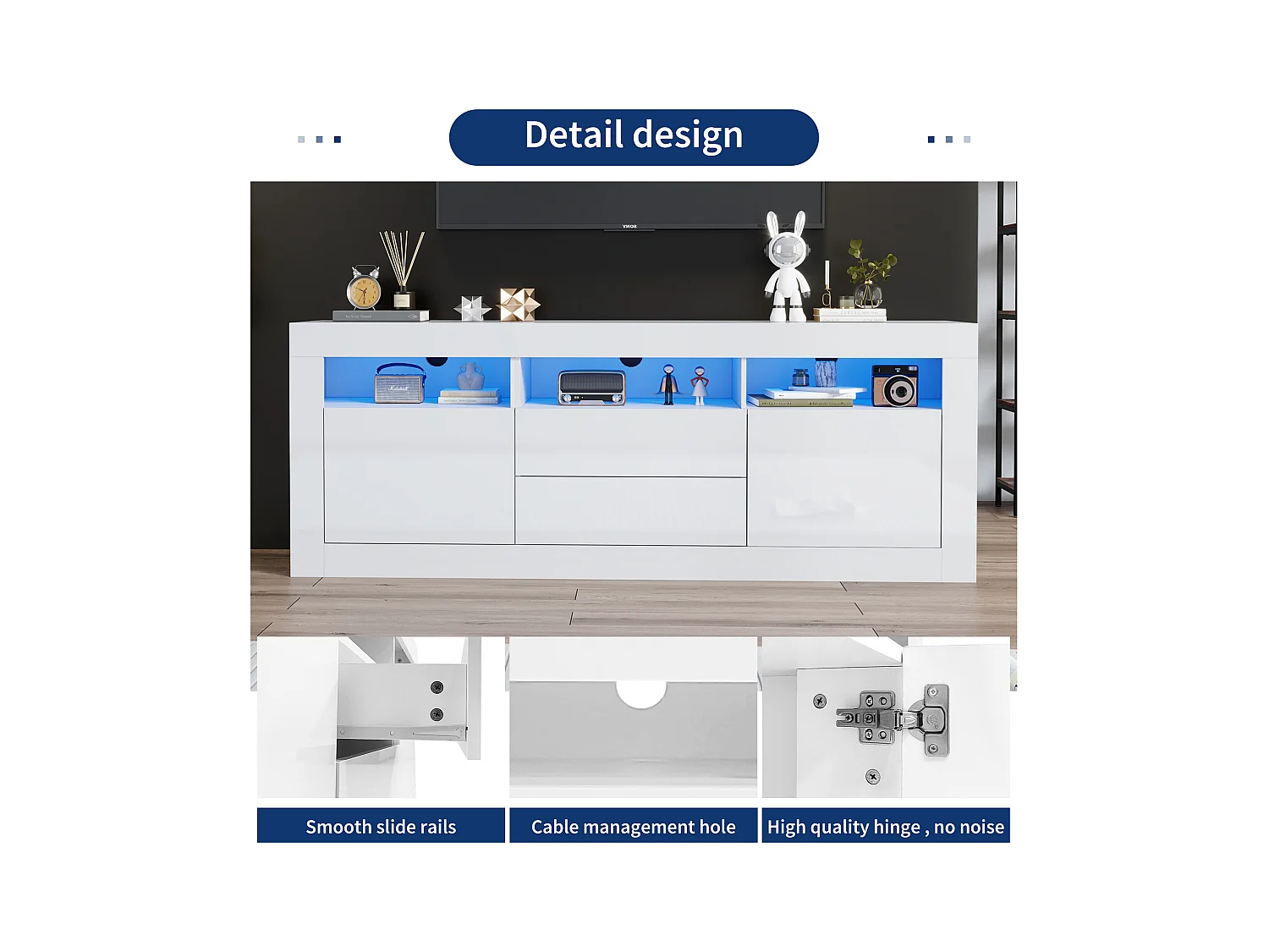 Meuble TV haut de gamme avec 3 compartiments ouverts, 2 portes, 2 tiroirs, commande via application, pour TV jusqu'à 70 pouces (160x35x60 cm)