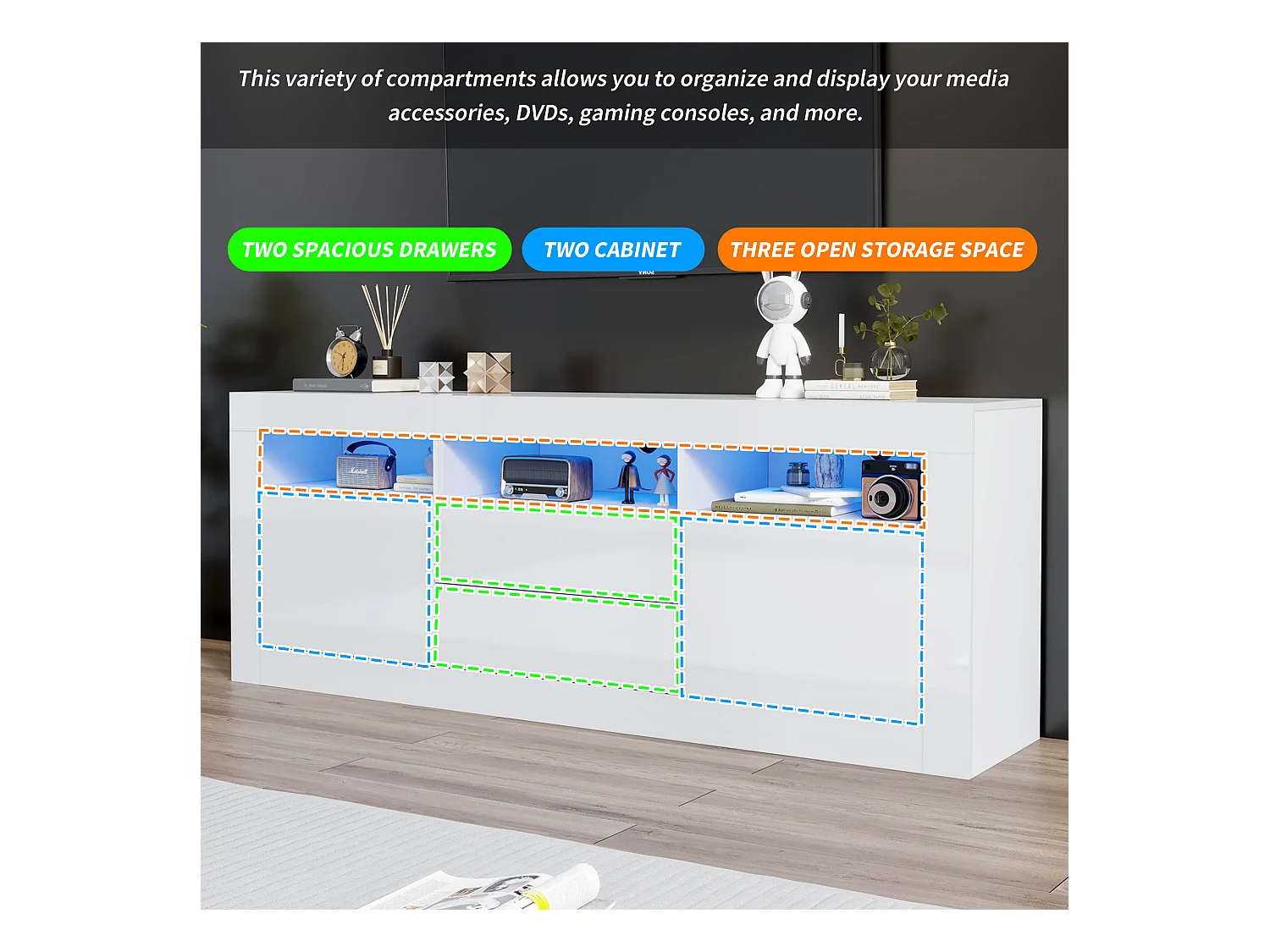 Meuble TV haut de gamme avec 3 compartiments ouverts, 2 portes, 2 tiroirs, commande via application, pour TV jusqu'à 70 pouces (160x35x60 cm)