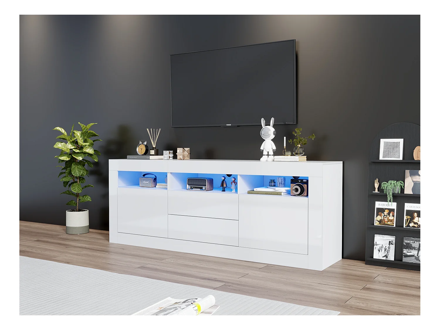 Meuble TV haut de gamme avec 3 compartiments ouverts, 2 portes, 2 tiroirs, commande via application, pour TV jusqu'à 70 pouces (160x35x60 cm)