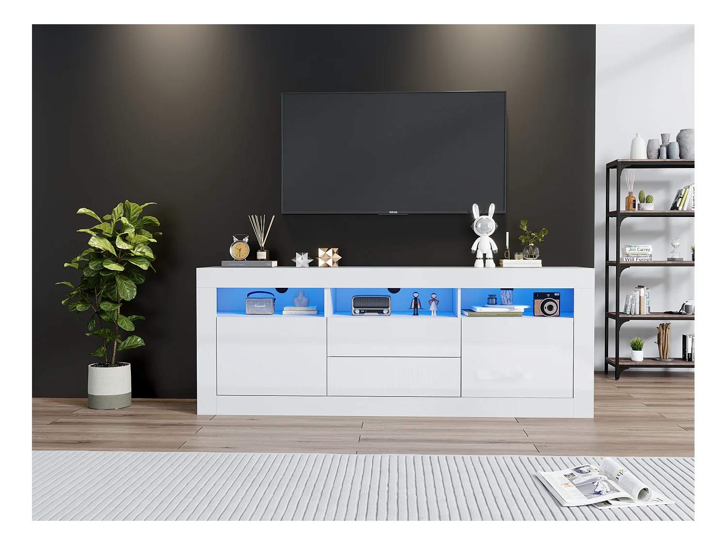 Meuble TV haut de gamme avec 3 compartiments ouverts, 2 portes, 2 tiroirs, commande via application, pour TV jusqu'à 70 pouces (160x35x60 cm)