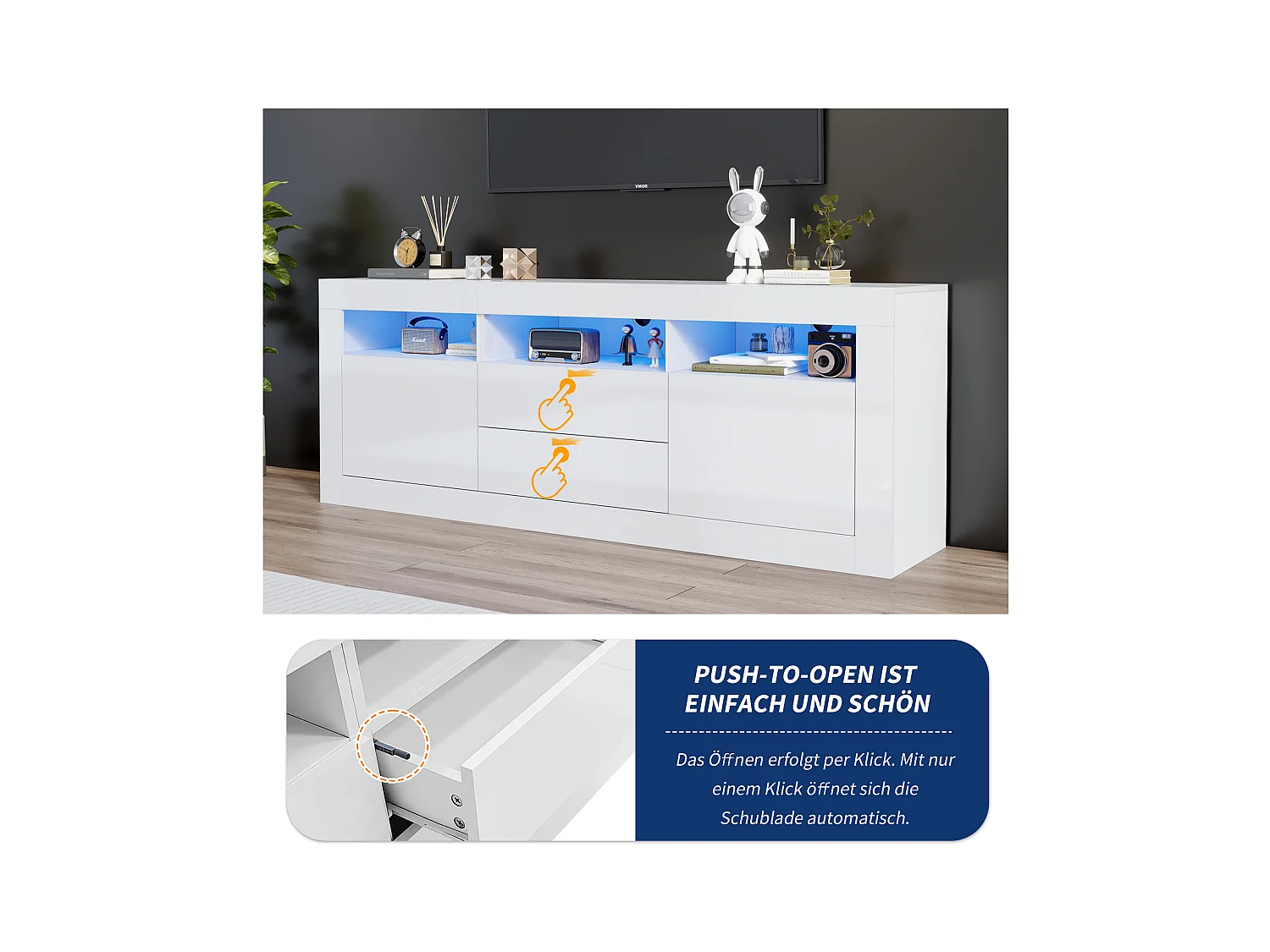 Meuble TV haut de gamme avec 3 compartiments ouverts, 2 portes, 2 tiroirs, commande via application, pour TV jusqu'à 70 pouces (160x35x60 cm)