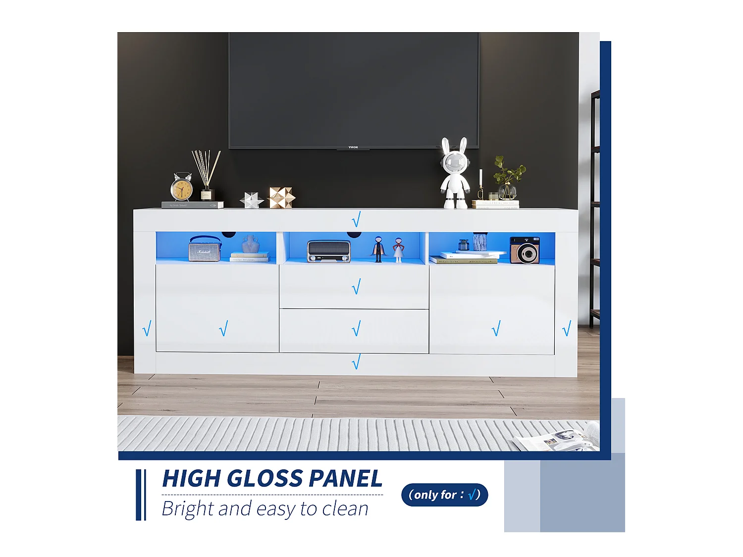 Meuble TV haut de gamme avec 3 compartiments ouverts, 2 portes, 2 tiroirs, commande via application, pour TV jusqu'à 70 pouces (160x35x60 cm)