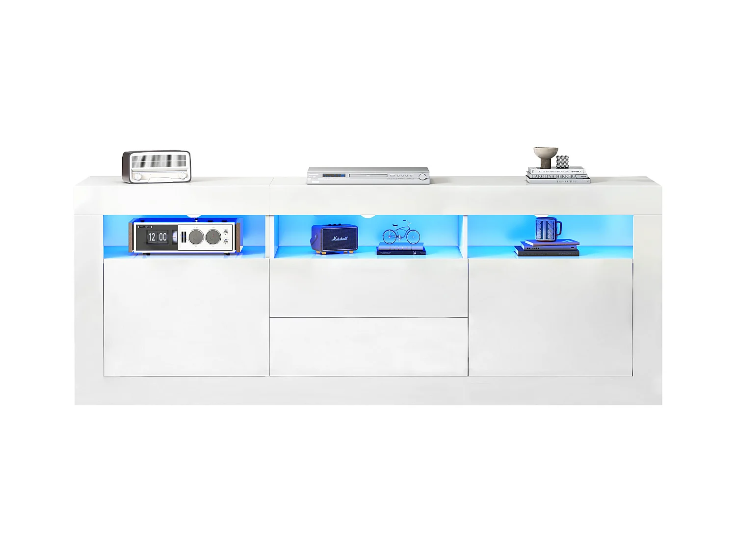 Meuble TV haut de gamme avec 3 compartiments ouverts, 2 portes, 2 tiroirs, commande via application, pour TV jusqu'à 70 pouces (160x35x60 cm)