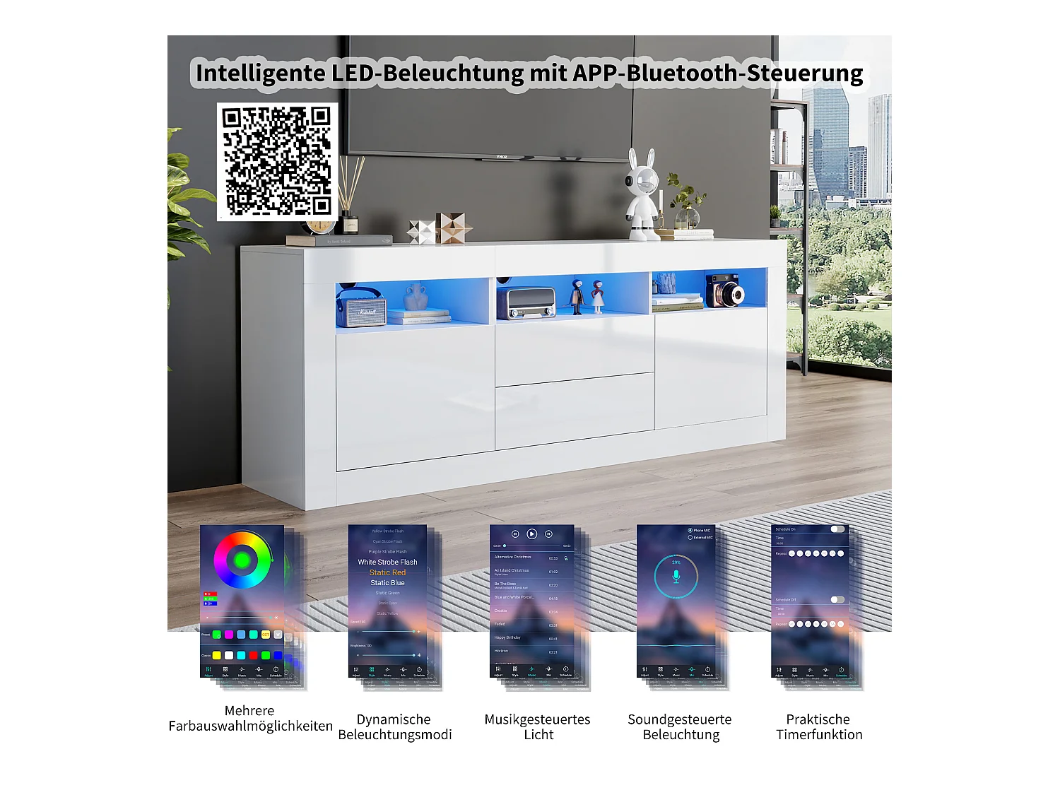 Meuble TV haut de gamme avec 3 compartiments ouverts, 2 portes, 2 tiroirs, commande via application, pour TV jusqu'à 70 pouces (160x35x60 cm)