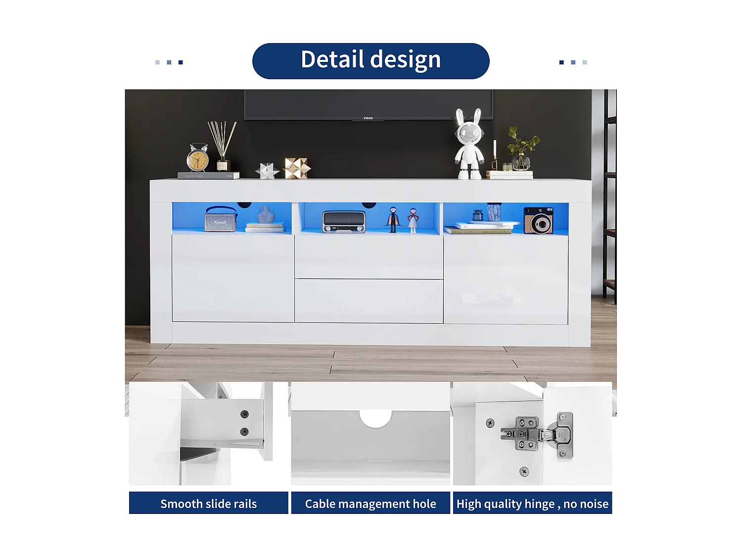 Meuble TV haut de gamme avec 3 compartiments ouverts, 2 portes, 2 tiroirs, commande via application, pour TV jusqu'à 70 pouces (160x35x60 cm)