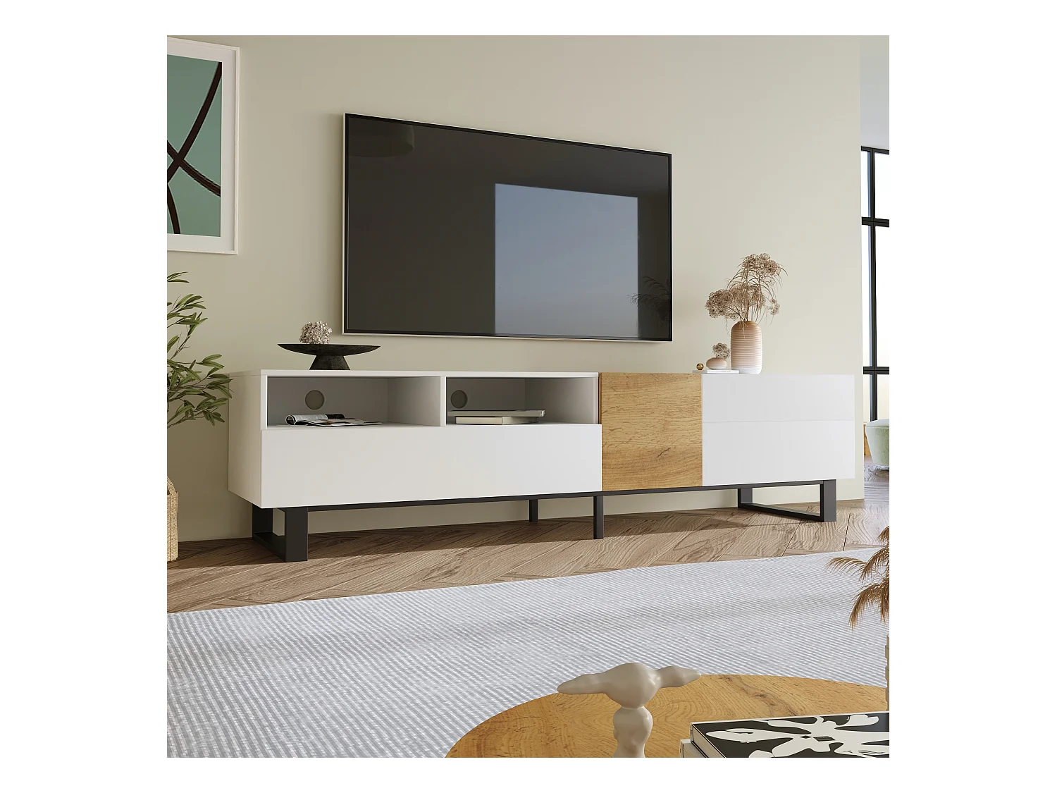 Meuble TV moderne, design bois et blanc, avec rangement, 180x38x50cm