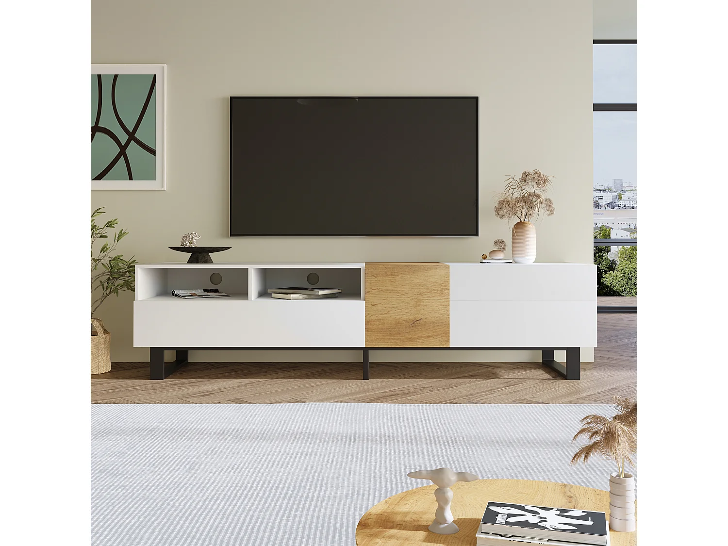 Meuble TV moderne, design bois et blanc, avec rangement, 180x38x50cm