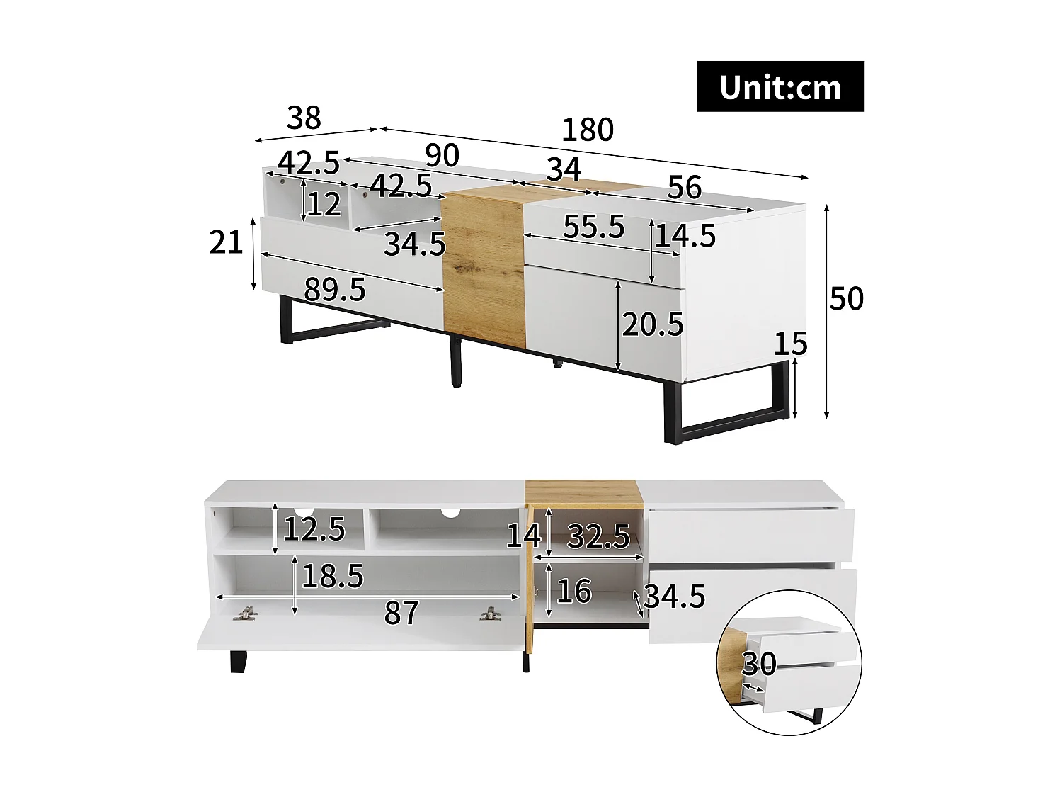 Meuble TV moderne, design bois et blanc, avec rangement, 180x38x50cm