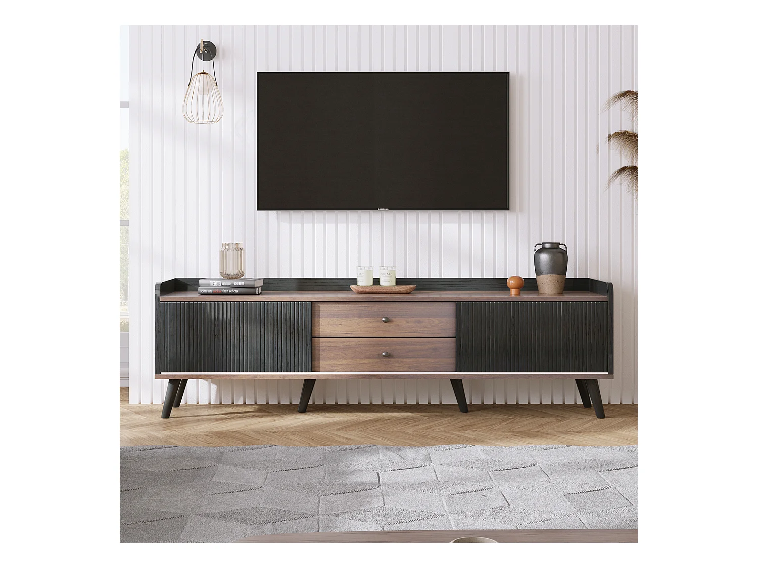 Meuble TV avec deux tiroirs, design noir et bois, avec portes coulissantes et espace de rangement, (160x40x58cm)