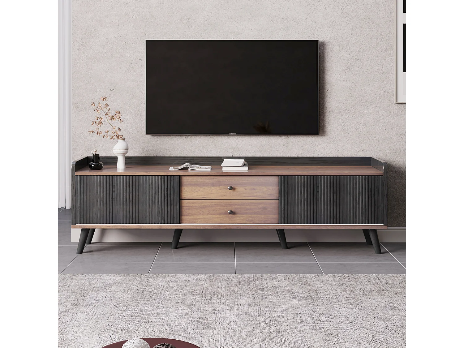 Meuble TV avec deux tiroirs, design noir et bois, avec portes coulissantes et espace de rangement, (160x40x58cm)