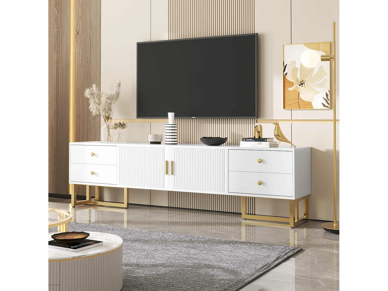 Meuble TV, design moderne avec portes texturées, 4 tiroirs, pieds dorés, MDF, blanc (175x30x46cm)