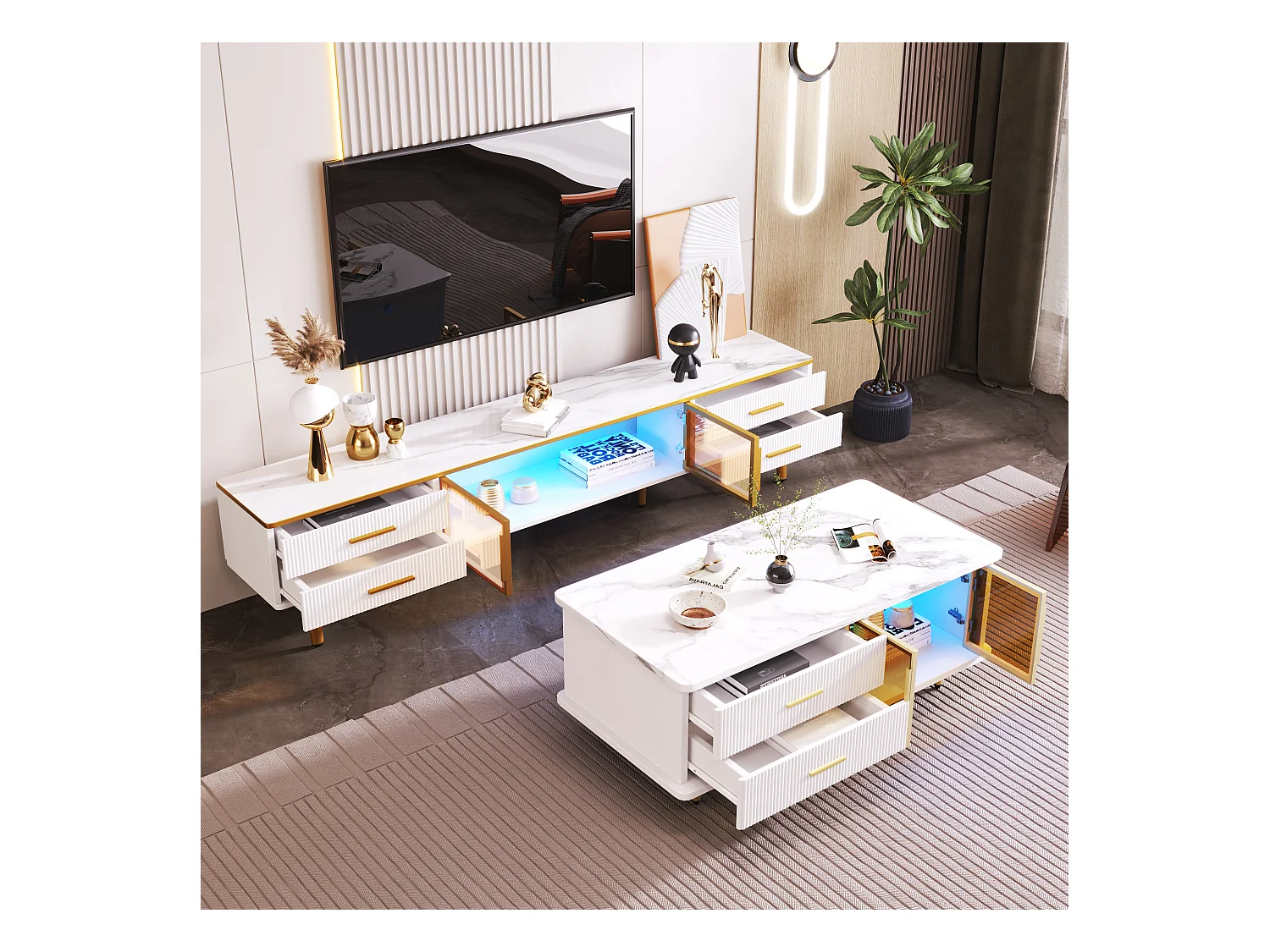 Table basse et meuble TV modulaires, design moderne, cadre en aluminium, verre trempé, MDF, blanc et doré (170x37x47.5cm)