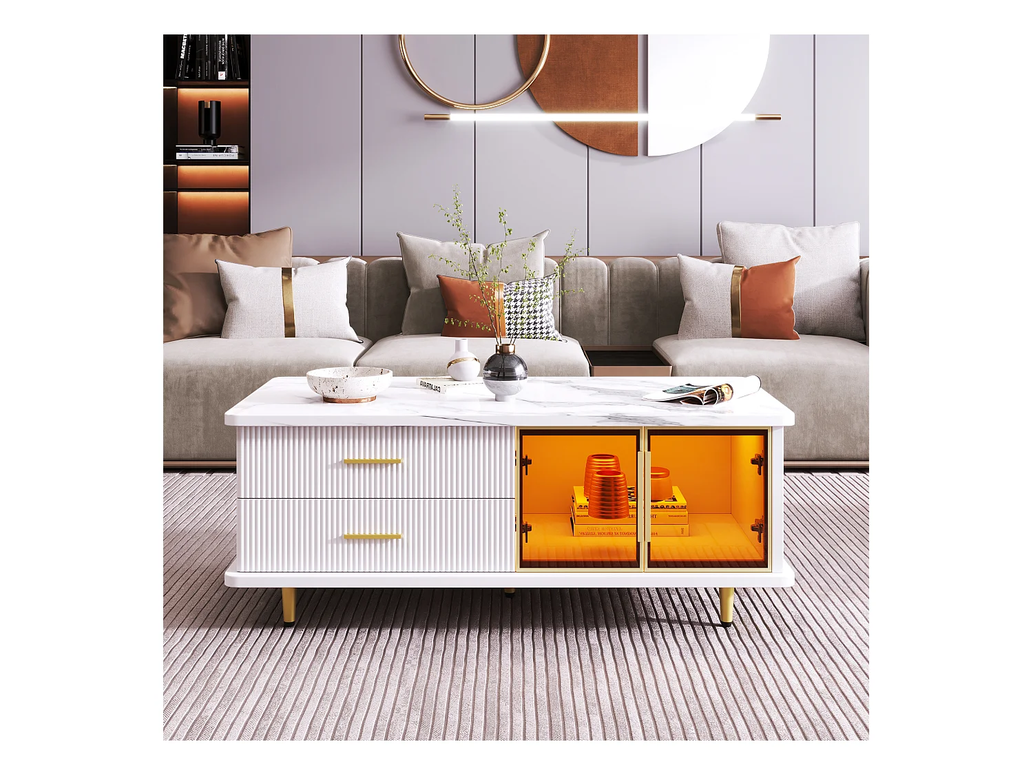 Table basse et meuble TV modulaires, design moderne, cadre en aluminium, verre trempé, MDF, blanc et doré (170x37x47.5cm)