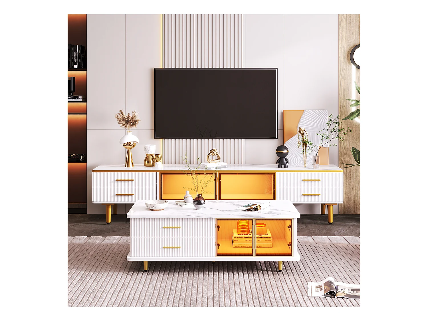 Table basse et meuble TV modulaires, design moderne, cadre en aluminium, verre trempé, MDF, blanc et doré (170x37x47.5cm)