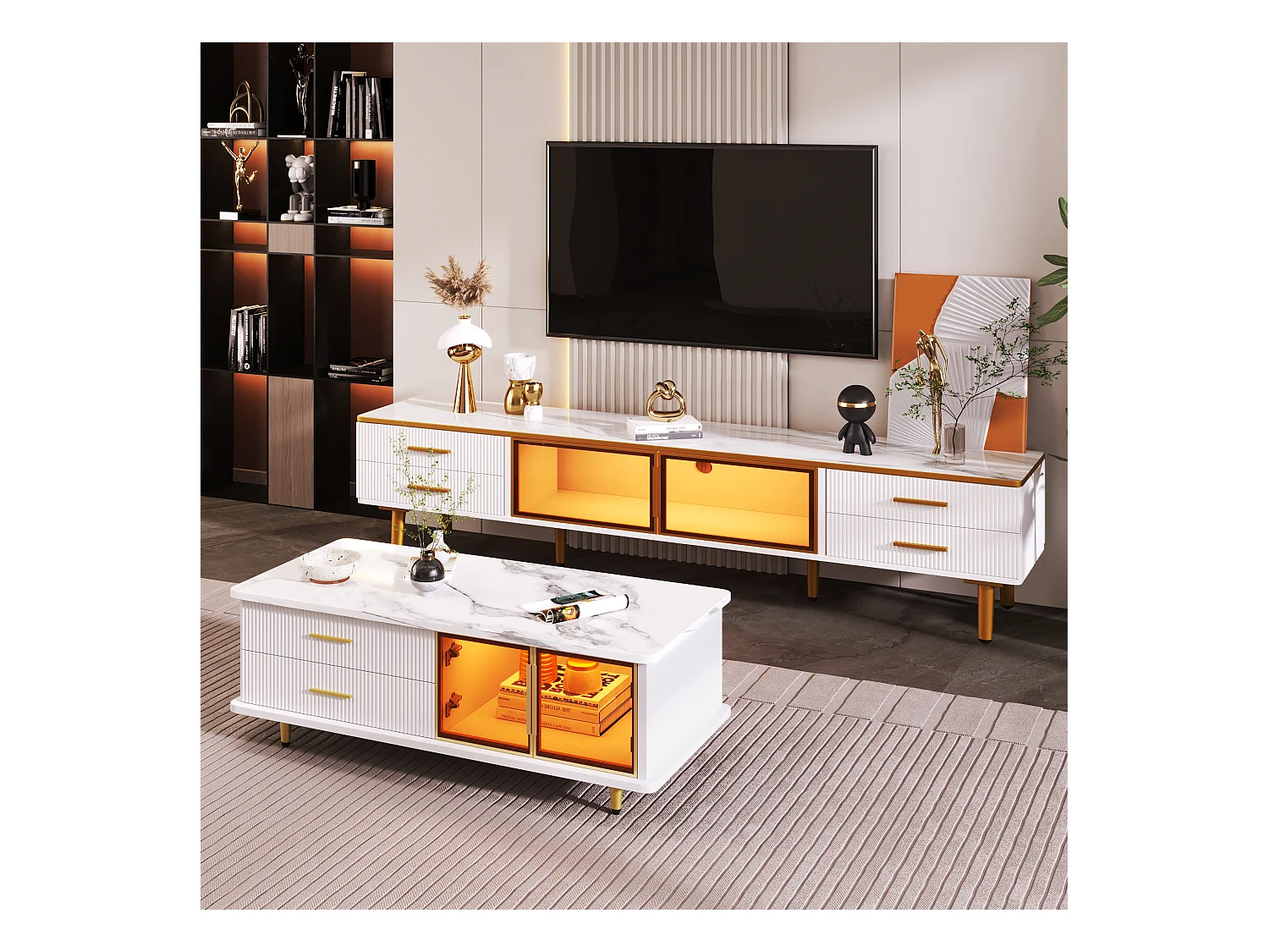 Table basse et meuble TV modulaires, design moderne, cadre en aluminium, verre trempé, MDF, blanc et doré (170x37x47.5cm)
