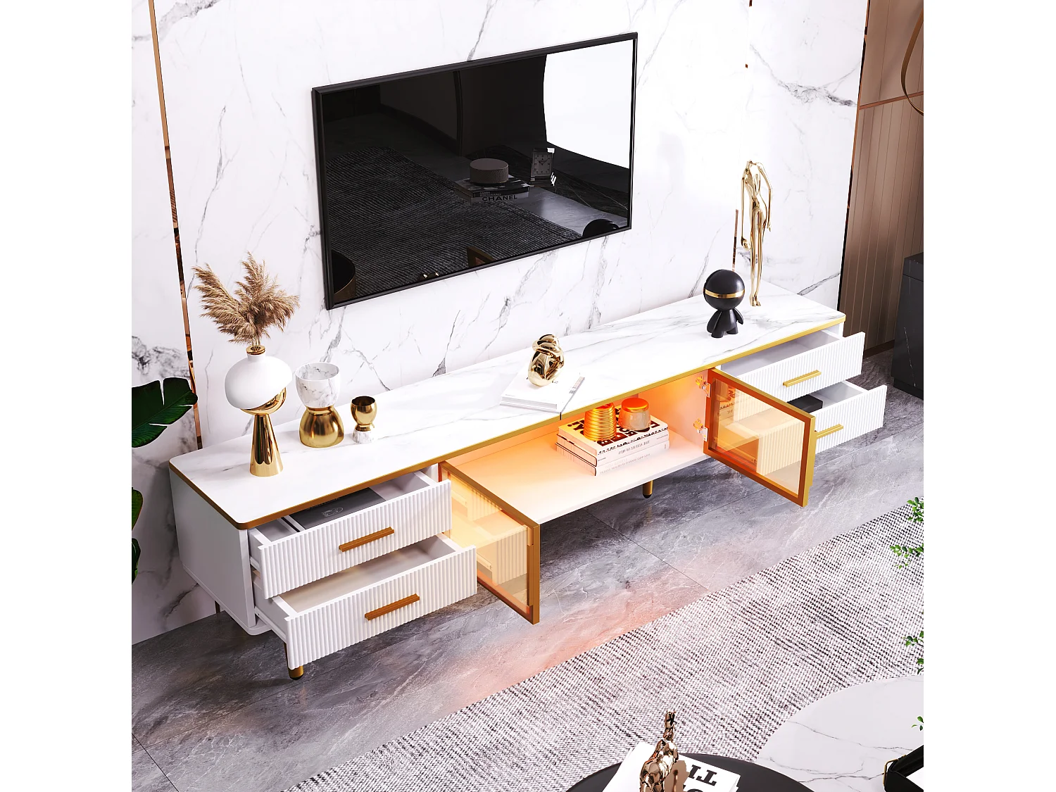 Table basse et meuble TV modulaires, design moderne, cadre en aluminium, verre trempé, MDF, blanc et doré (170x37x47.5cm)