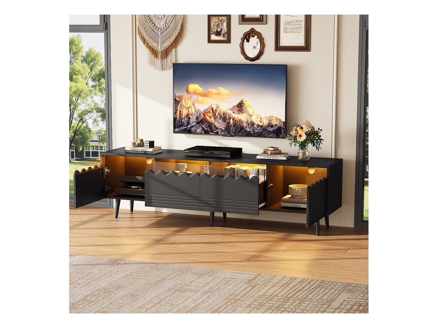 Meuble TV 176cm avec 2 Tiroirs, 2 Armoires, LED, Design Noir et Blanc, avec 6 Pieds de Support, Compatible 75 pouces (176x38x45cm)