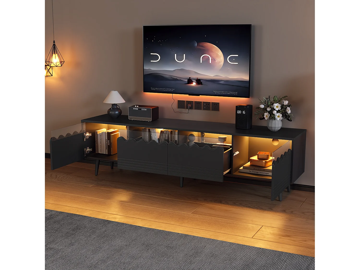 Meuble TV 176cm avec 2 Tiroirs, 2 Armoires, LED, Design Noir et Blanc, avec 6 Pieds de Support, Compatible 75 pouces (176x38x45cm)