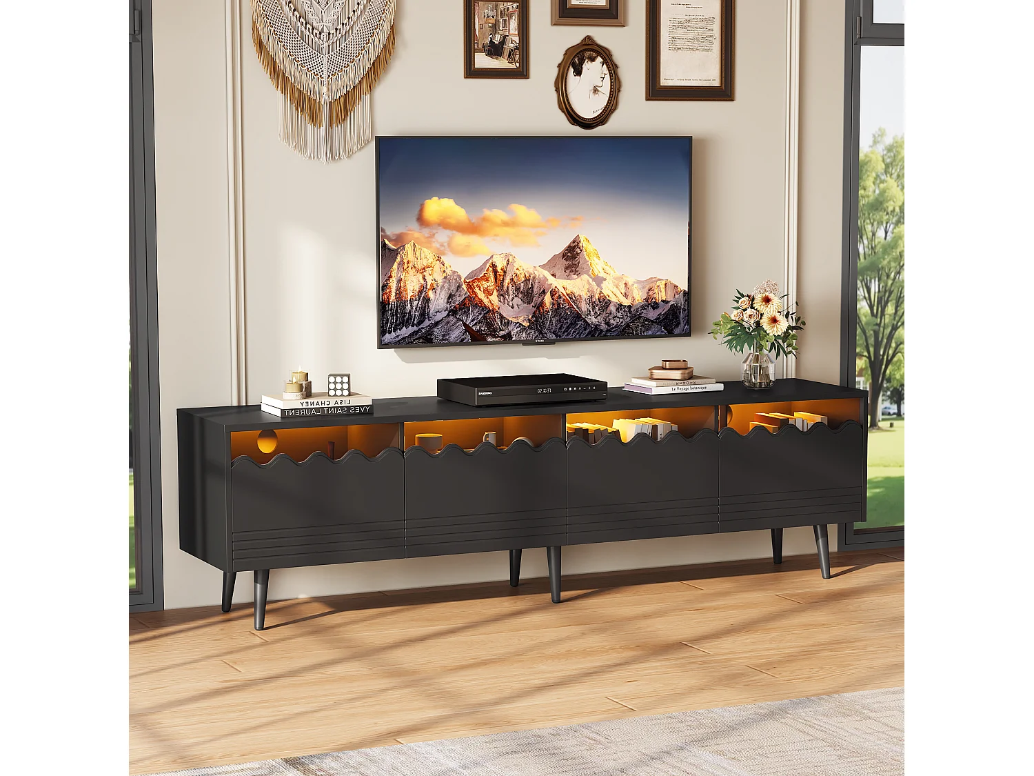 TV-standaard van 176 cm met 2 lades, 2 kasten, LED, zwart-wit design, met 6 steunpoten, compatibel met 75 inch (176 x 38 x 45 cm)