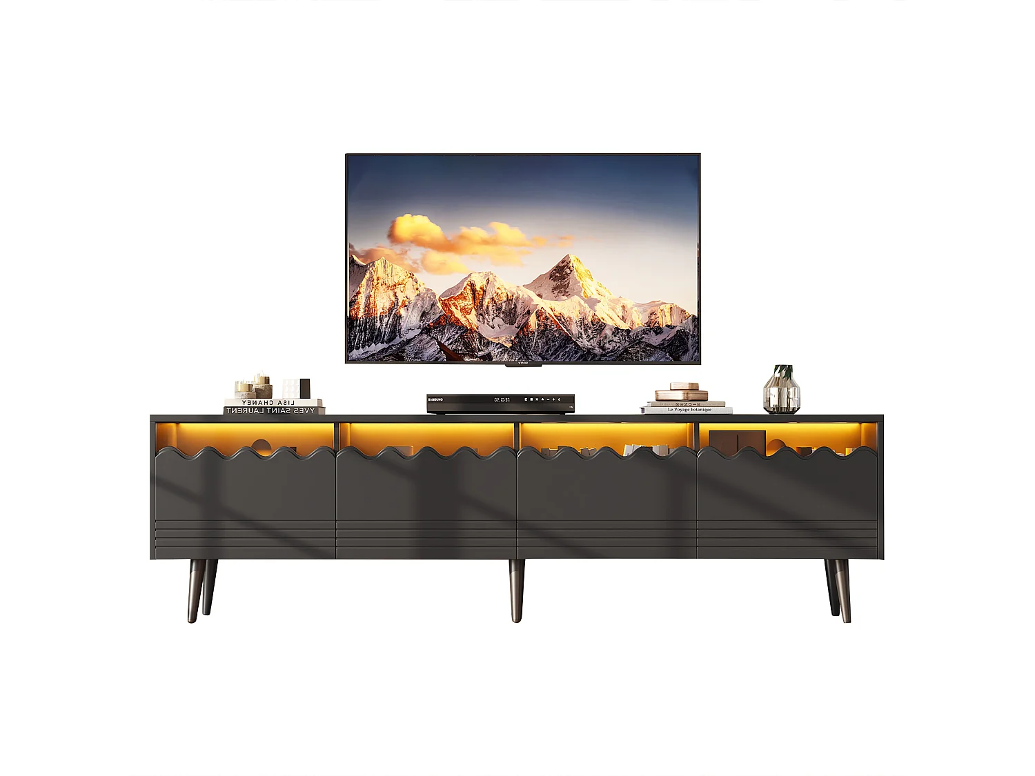 TV-standaard van 176 cm met 2 lades, 2 kasten, LED, zwart-wit design, met 6 steunpoten, compatibel met 75 inch (176 x 38 x 45 cm)