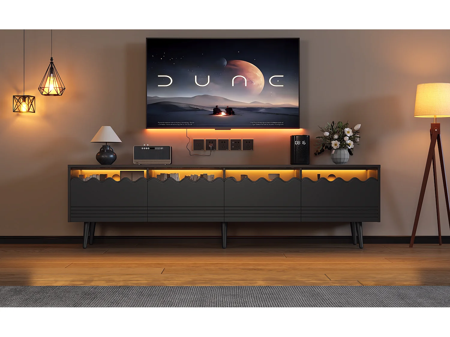 TV-standaard van 176 cm met 2 lades, 2 kasten, LED, zwart-wit design, met 6 steunpoten, compatibel met 75 inch (176 x 38 x 45 cm)