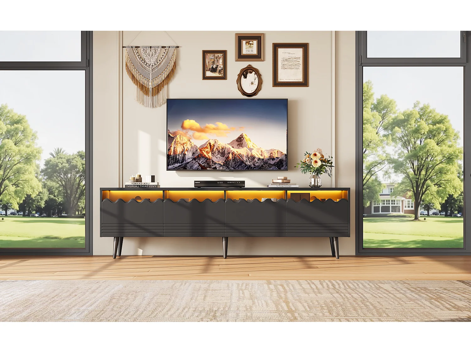 TV-standaard van 176 cm met 2 lades, 2 kasten, LED, zwart-wit design, met 6 steunpoten, compatibel met 75 inch (176 x 38 x 45 cm)