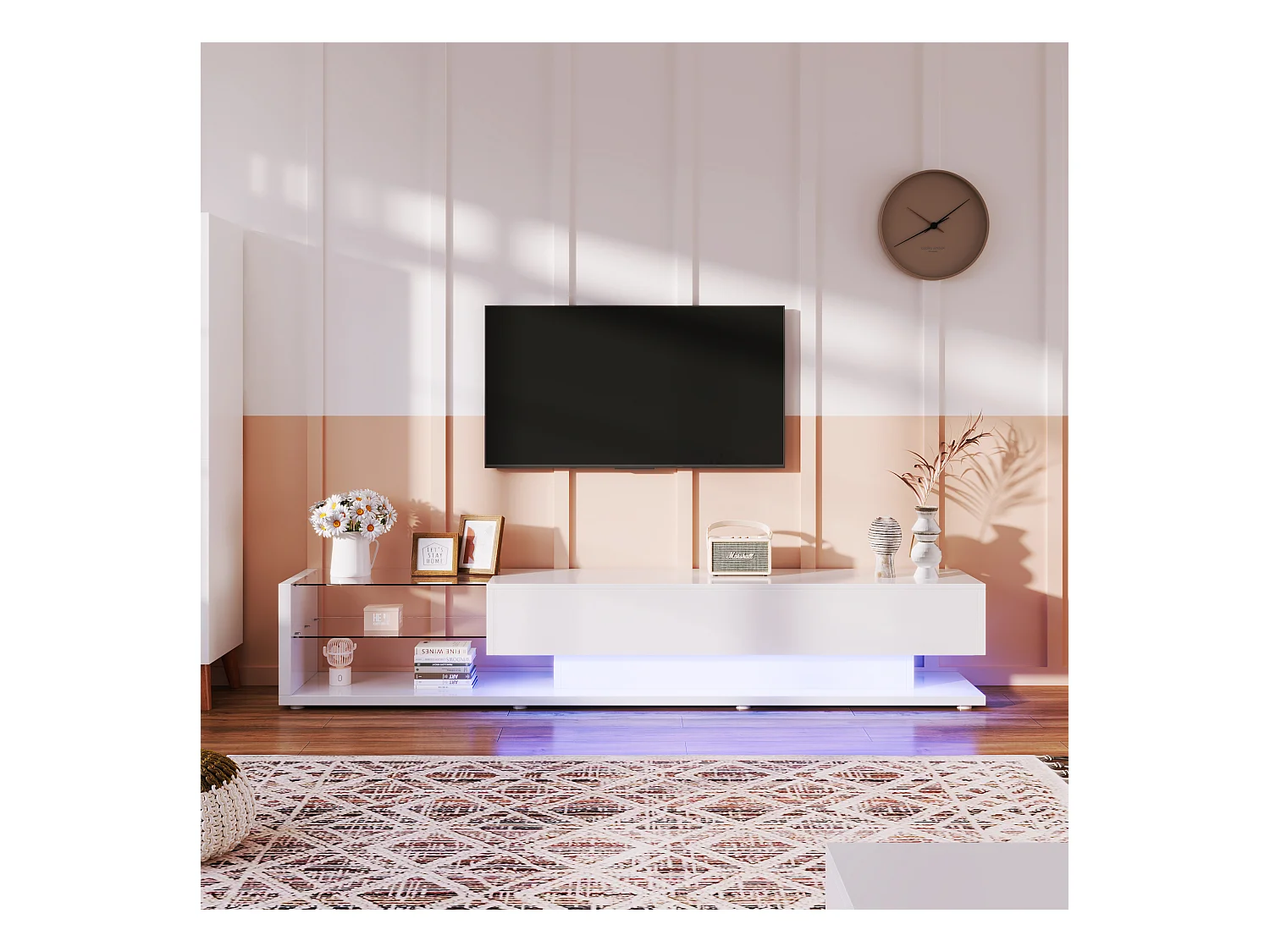 Meuble TV moderne, design élégant avec séparation en verre blanc brillant, LED variable, matériau MDF, couleur blanche (170x36x38cm)