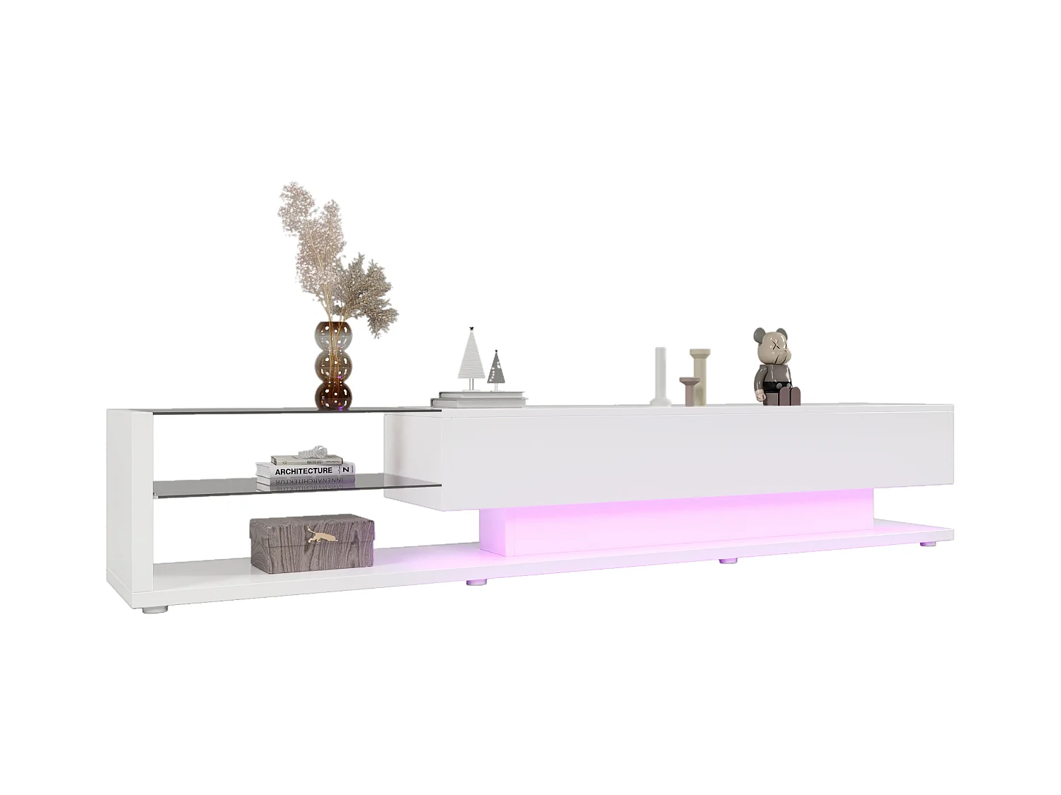 Meuble TV moderne, design élégant avec séparation en verre blanc brillant, LED variable, matériau MDF, couleur blanche (170x36x38cm)