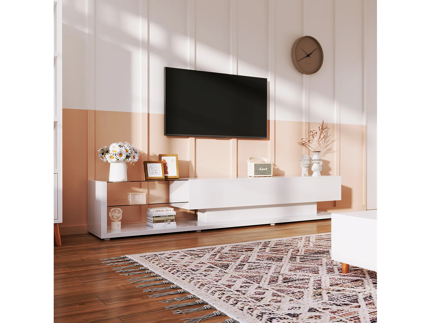 Meuble TV moderne, design élégant avec séparation en verre blanc brillant, LED variable, matériau MDF, couleur blanche (170x36x38cm)