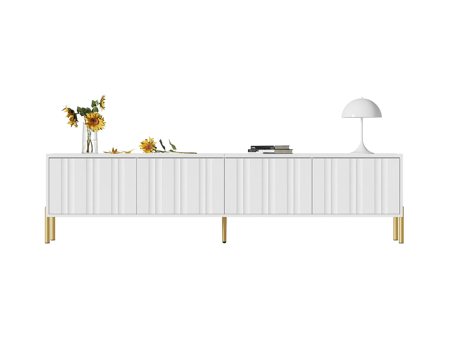 Meuble TV blanc avec pieds dorés, portes à design vertical, 190x38x48cm, MDF et aggloméré