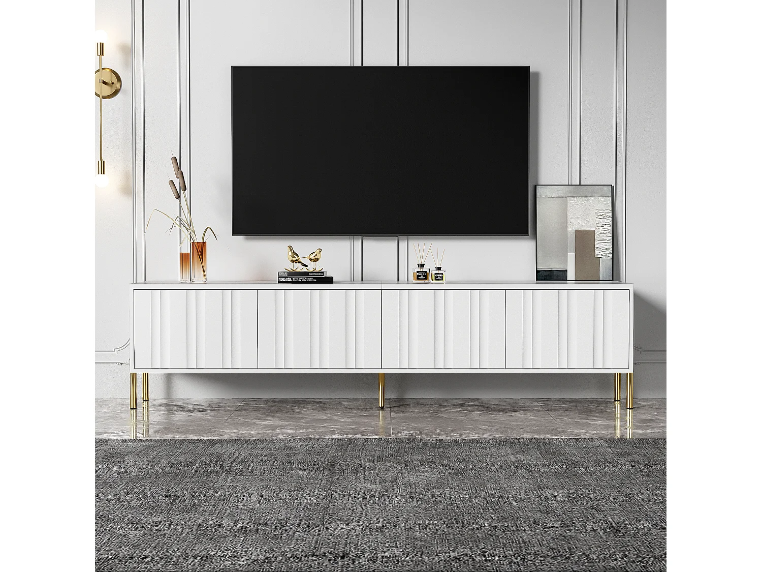 Witte tv-kast met gouden poten, verticale designdeuren, 190x38x48cm, MDF en spaanplaat