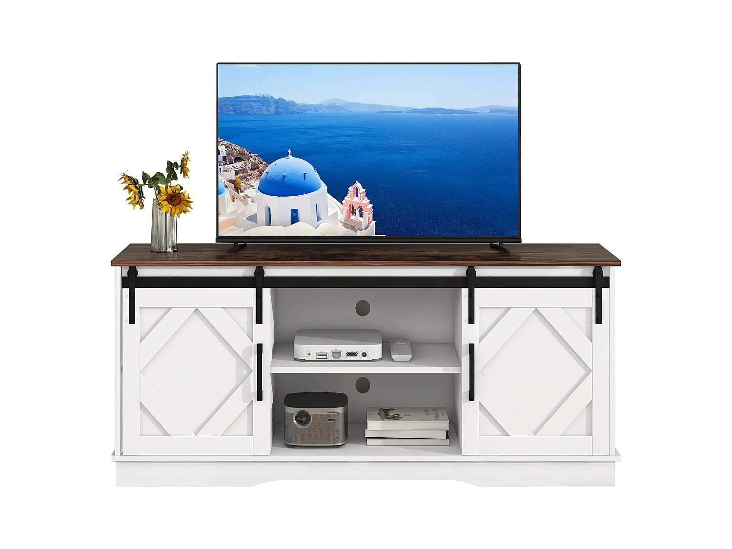 TV Stand moderne avec portes coulissantes en rotin, 2 tiroirs, 4 compartiments de rangement, design industriel, blanc et chêne, (150x40x60cm)