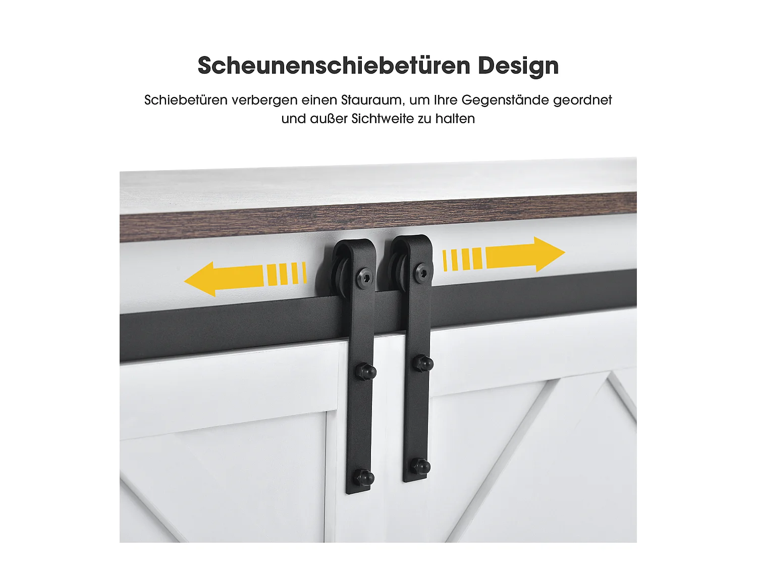 TV Stand moderne avec portes coulissantes en rotin, 2 tiroirs, 4 compartiments de rangement, design industriel, blanc et chêne, (150x40x60cm)