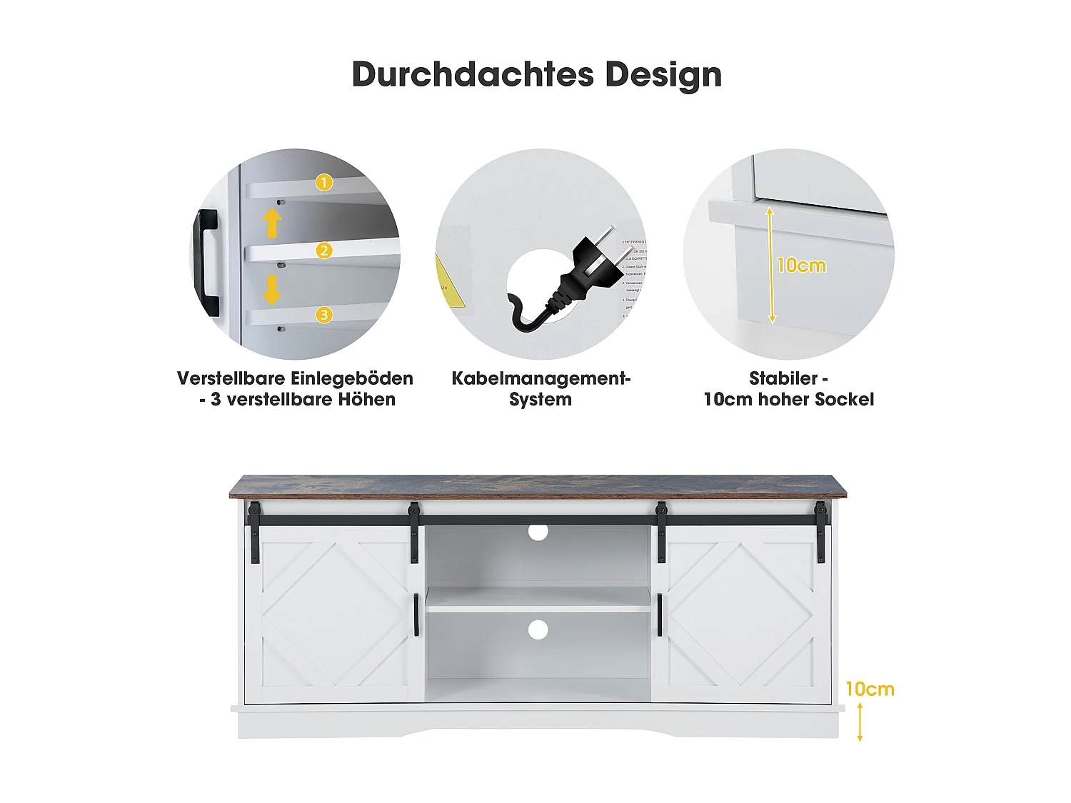 TV Stand moderne avec portes coulissantes en rotin, 2 tiroirs, 4 compartiments de rangement, design industriel, blanc et chêne, (150x40x60cm)