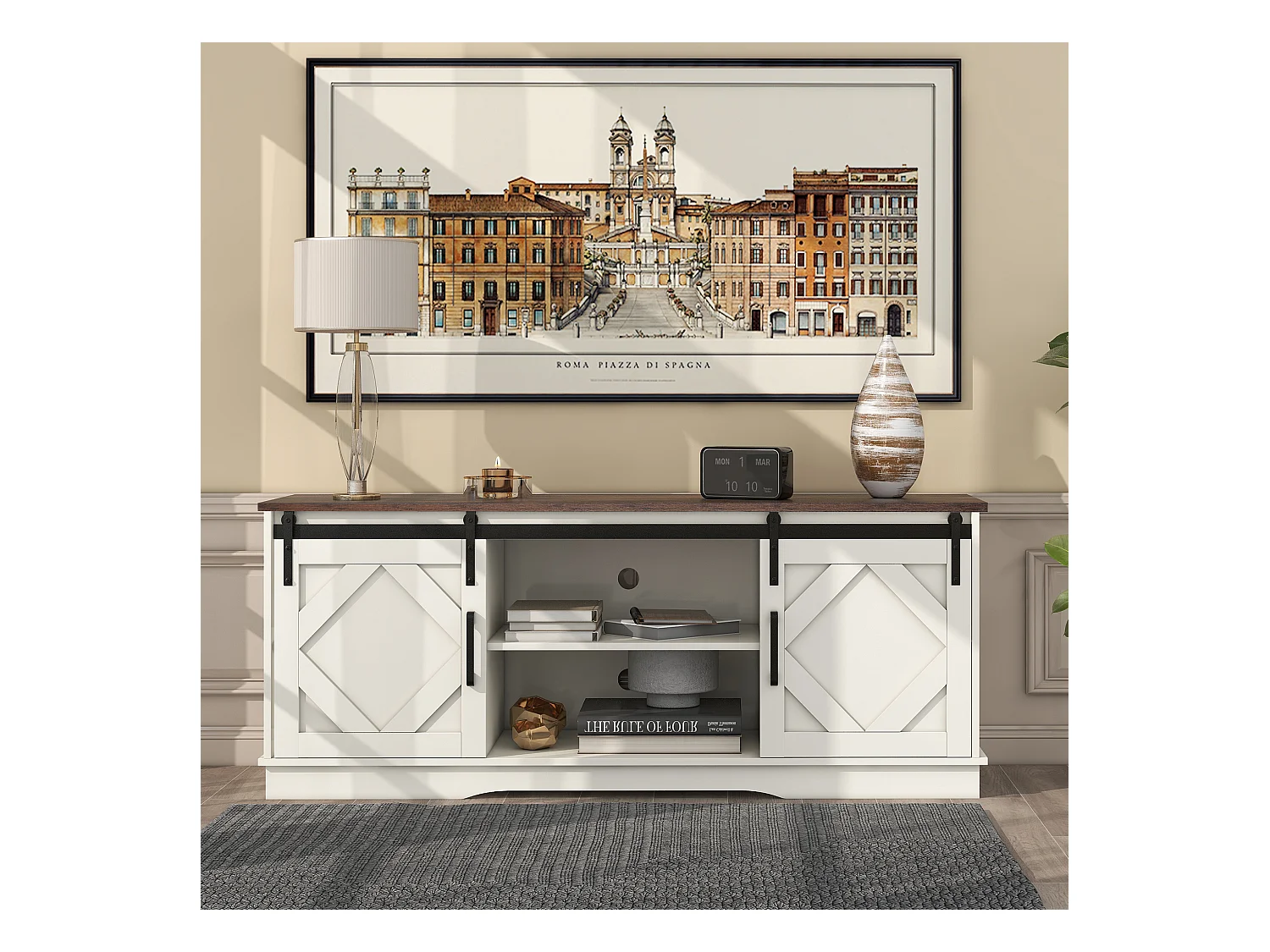 TV Stand moderne avec portes coulissantes en rotin, 2 tiroirs, 4 compartiments de rangement, design industriel, blanc et chêne, (150x40x60cm)