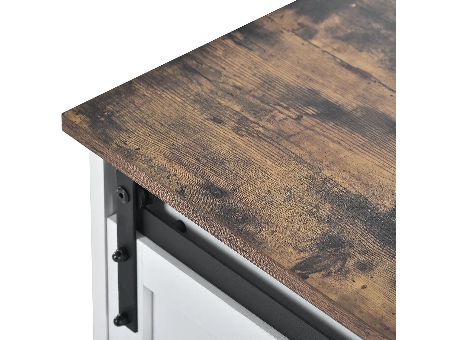 TV Stand moderne avec portes coulissantes en rotin, 2 tiroirs, 4 compartiments de rangement, design industriel, blanc et chêne, (150x40x60cm)