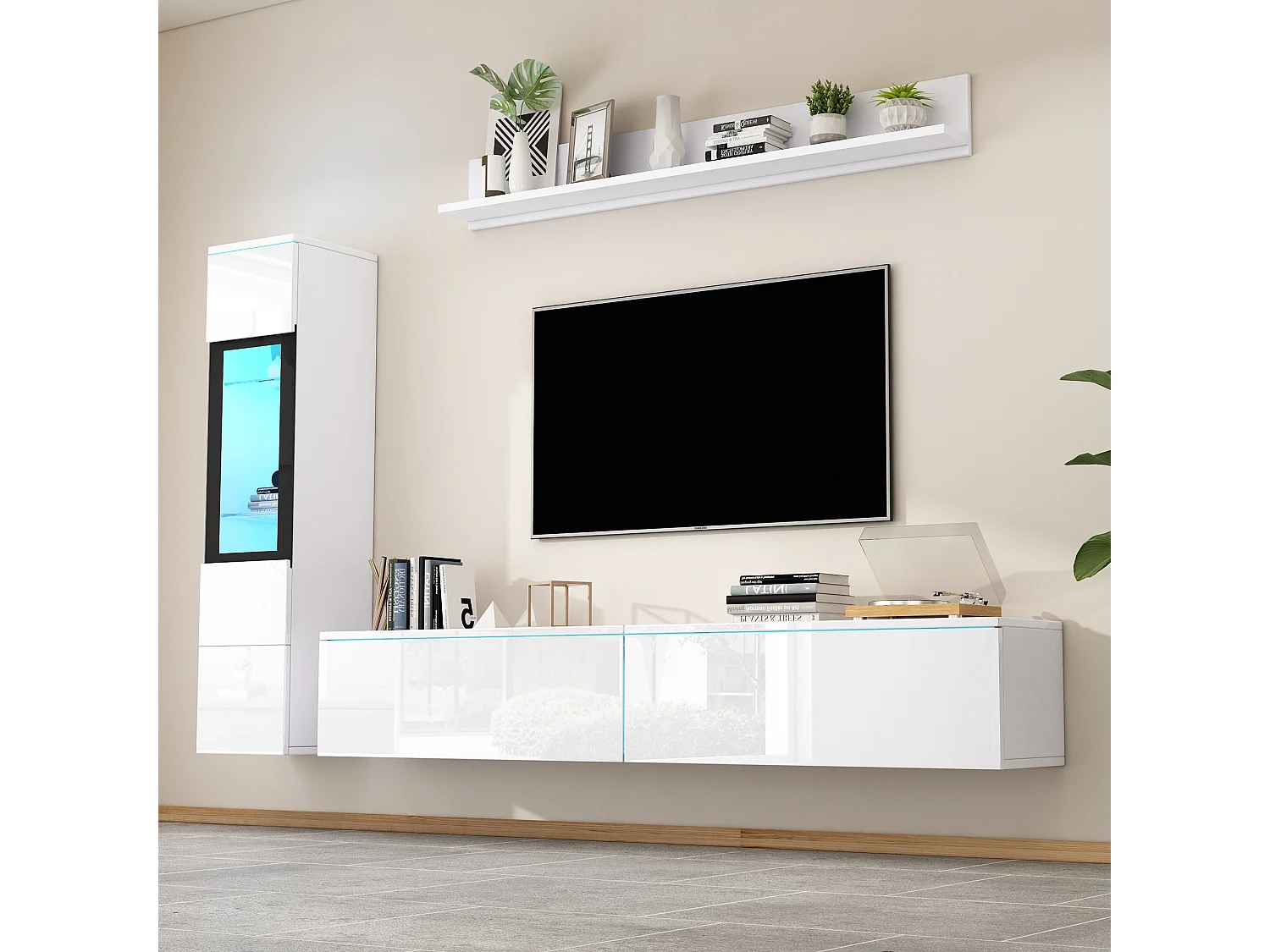 Meuble TV 3 pièces avec LED, blanc brillant, comprenant 1 meuble TV, 1 vitrine et 1 étagère murale (160x40x42cm)