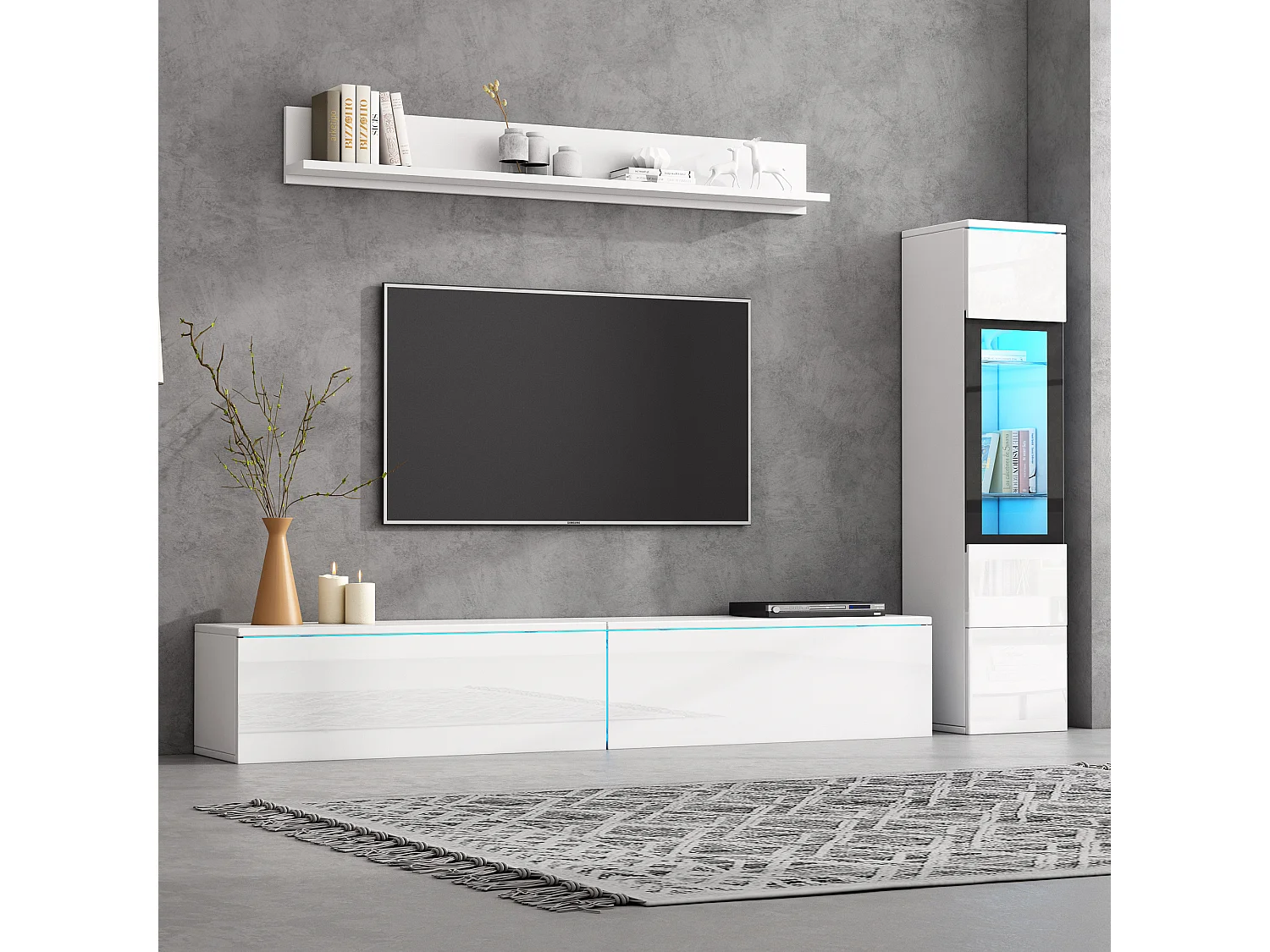 Meuble TV 3 pièces avec LED, blanc brillant, comprenant 1 meuble TV, 1 vitrine et 1 étagère murale (160x40x42cm)