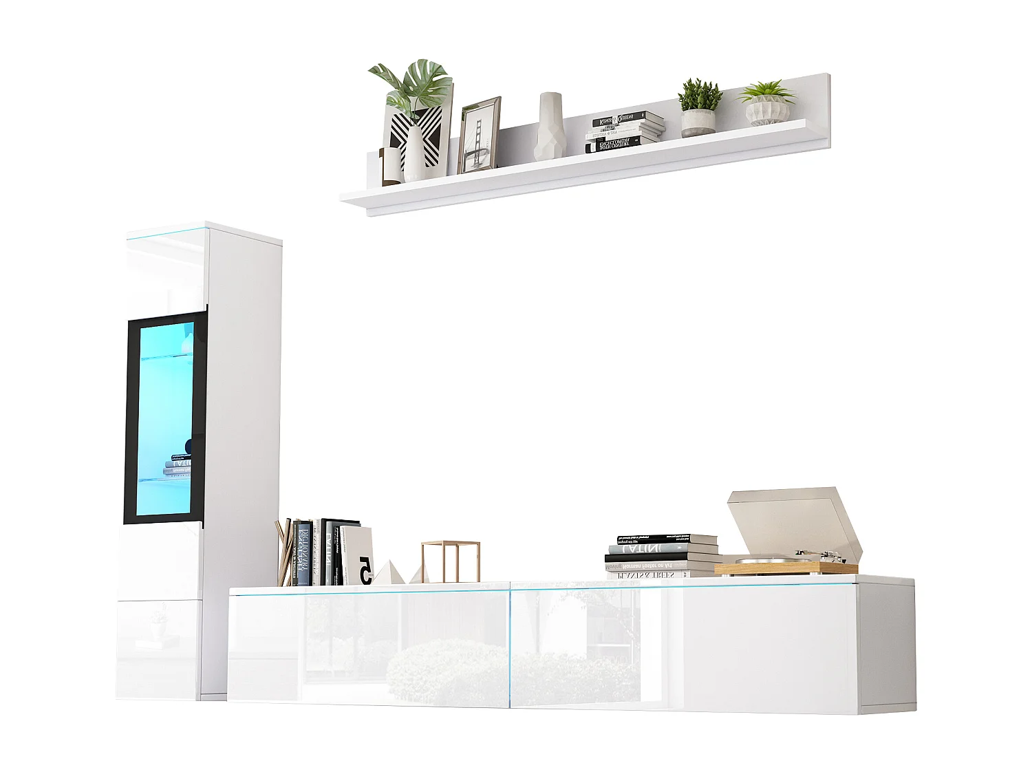 Meuble TV 3 pièces avec LED, blanc brillant, comprenant 1 meuble TV, 1 vitrine et 1 étagère murale (160x40x42cm)