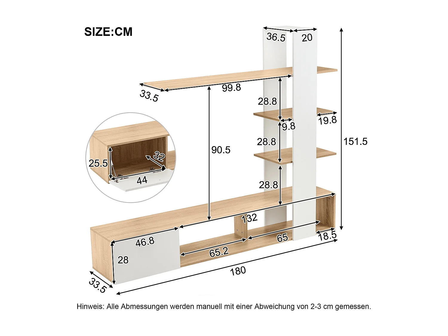 Meuble TV avec 4 portes, 1 tiroir et éclairage LED, design minimaliste, pour TV jusqu'à 60 pouces, blanc et bois (180x33.5x151.5 cm)