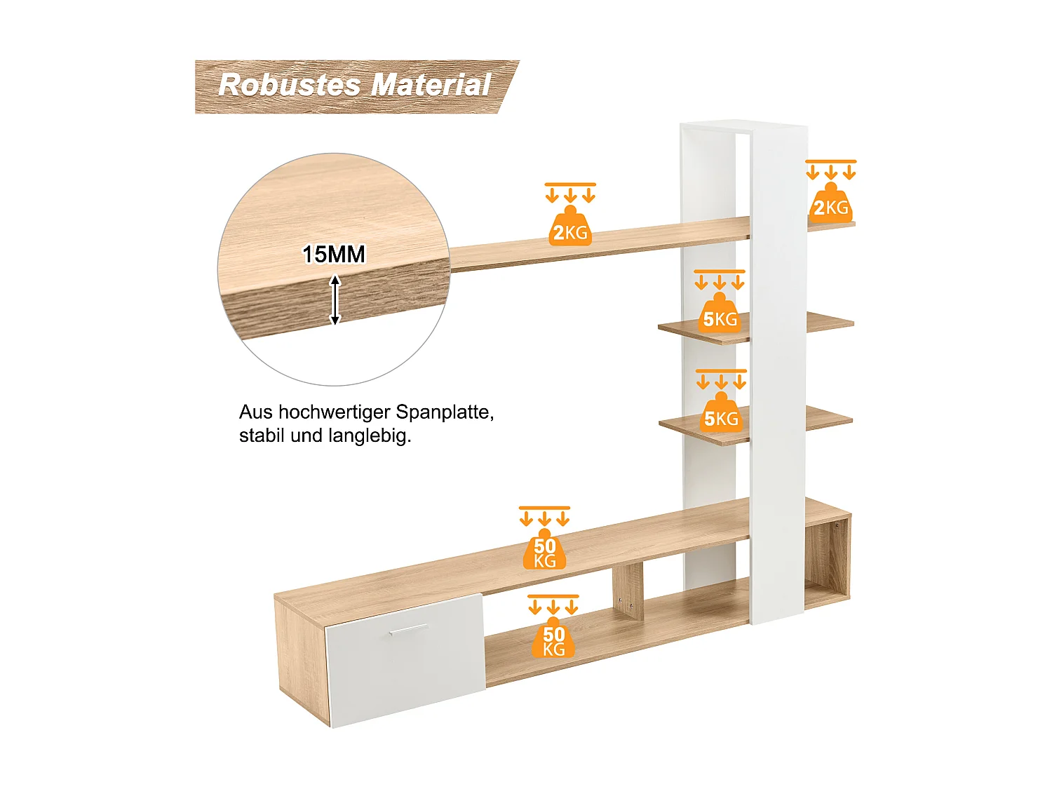 Meuble TV avec 4 portes, 1 tiroir et éclairage LED, design minimaliste, pour TV jusqu'à 60 pouces, blanc et bois (180x33.5x151.5 cm)