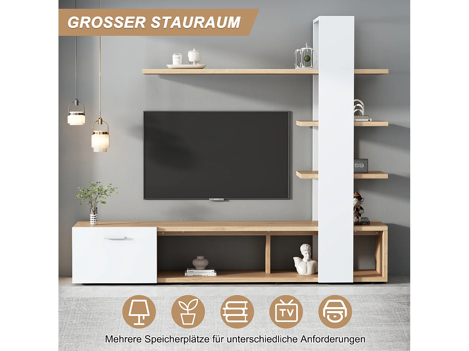 Meuble TV avec 4 portes, 1 tiroir et éclairage LED, design minimaliste, pour TV jusqu'à 60 pouces, blanc et bois (180x33.5x151.5 cm)