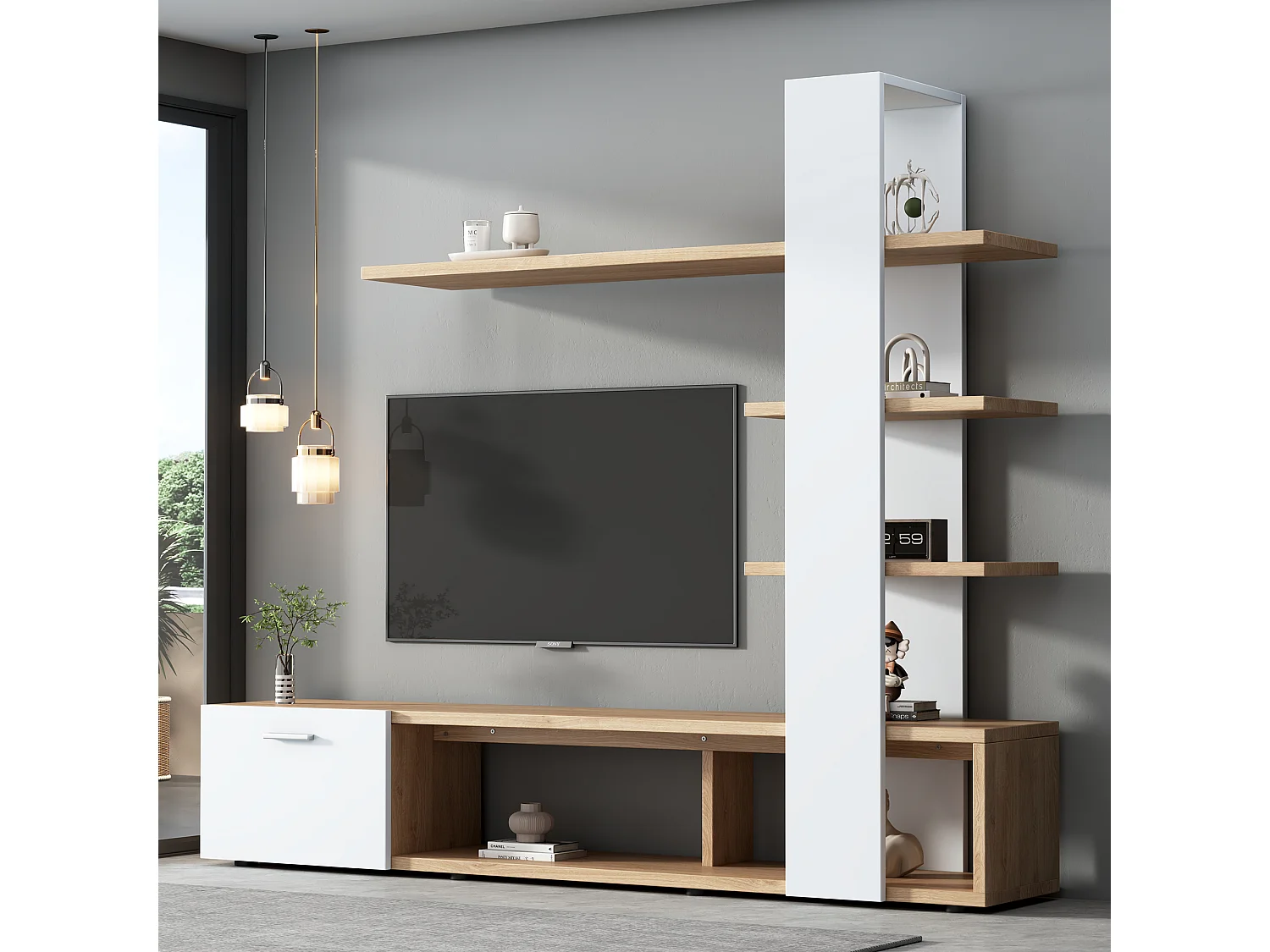 Meuble TV avec 4 portes, 1 tiroir et éclairage LED, design minimaliste, pour TV jusqu'à 60 pouces, blanc et bois (180x33.5x151.5 cm)